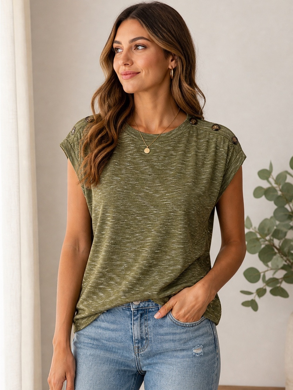 Kaleigh Olive Green Cap Sleeve Top Button Shoulder Textured Knit Large